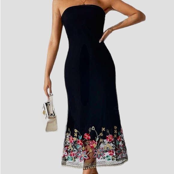 Elegant Romantic Strapless Tube Top Black Dress Mesh Floral Embroidery - Picture 1 of 9